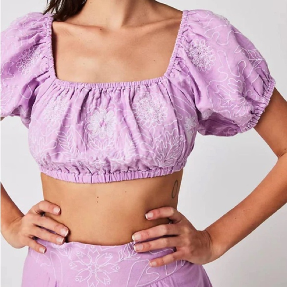 Free People Lavender Puff Sleeve Crop Top